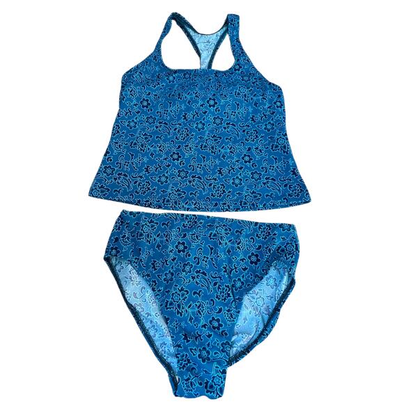 Land's End Racerback Tankini Bikini Blue Floral Swimsuit Bathing Suit‎ Sz 12 - Picture 1 of 4